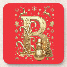 Porta-copo Luxury Gold Letter B Snowman Red Coaster Set