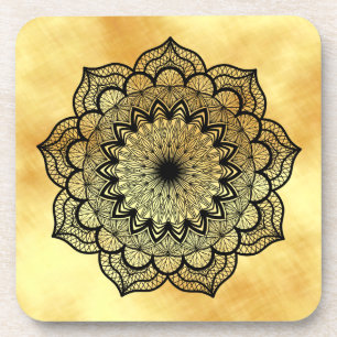Porta-copo Mandala Preto em Fundo Dourado Suave