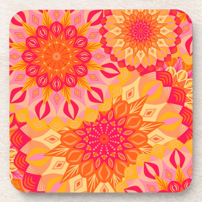 Porta-copo Mandala Sobreposta Laranja Rosa Amarelo (Frente)