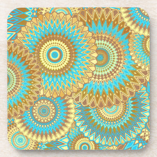 Porta-copo Mandala Sobreposto Azul Marrom Dourado