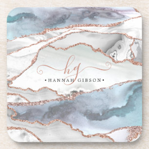 Porta-copo Marble Rose Gold Glitter Teal Script Monogram