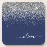Porta-copo Marinho de prata Blue Glitter Girly Monographic No<br><div class="desc">Marinho Azul e Silver Script Glitter Monogramas Name Portas copos de papel. Isso faz a formatura perfeita,  aniversário,  casamento,  chá de panela,  aniversário,  chá de fraldas ou presente de festa de solteira para alguém que ama luxo de vidro e estilos quíticos.</div>