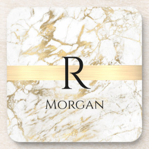 Porta-copo Mármore Branco e Dourado, Nome Preto e Monograma