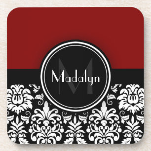 Porta-copo Maroon Black White Damask Monograma - Letra Monogr