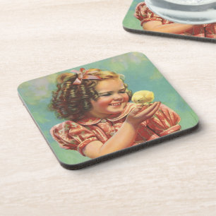 Porta-copo Menina Antiga com Frango Bebê, Criança Feliz Sorri