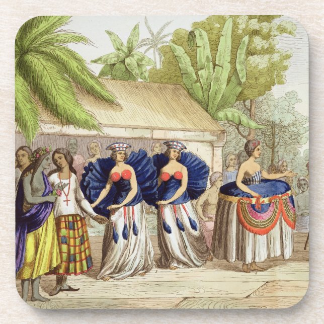 Porta-copo Meninas de dança polinésias, gravadas por A. (Frente)