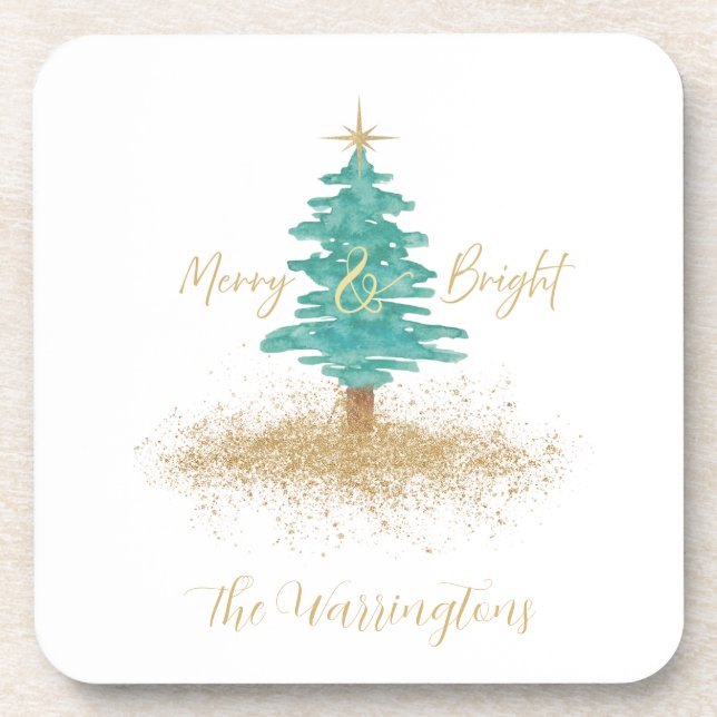 Porta-copo "Merry and Bright" Watercolor Tree (Frente)