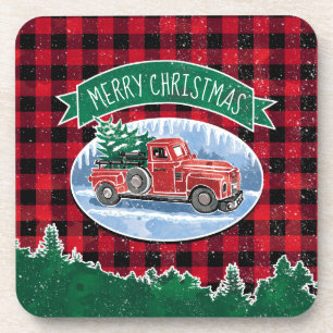 Porta-copo Merry Christmas Red Vintage Truck Buffalo Plaid