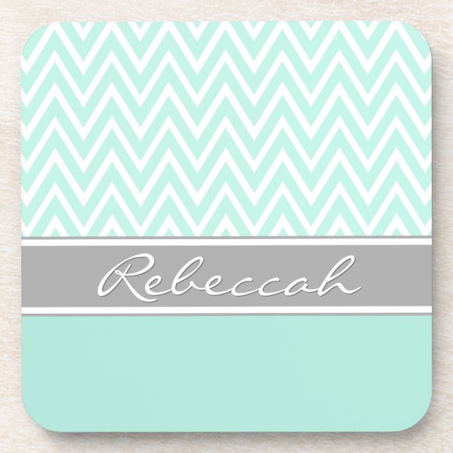 Porta-copo Mint Green White Chevron Zigzag - Nome da Cinza do (Frente)