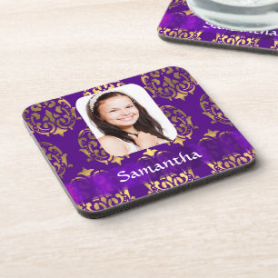 Porta-copo Modelo de foto de damasco roxo e dourado