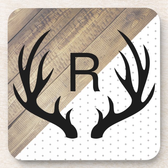 Porta-copo Modern Black Deer Antlers Faux Wood & Pattern (Frente)