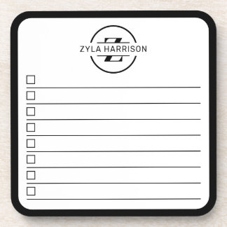 Porta-copo Modern Black White Monogram Name To Do Whiteboard