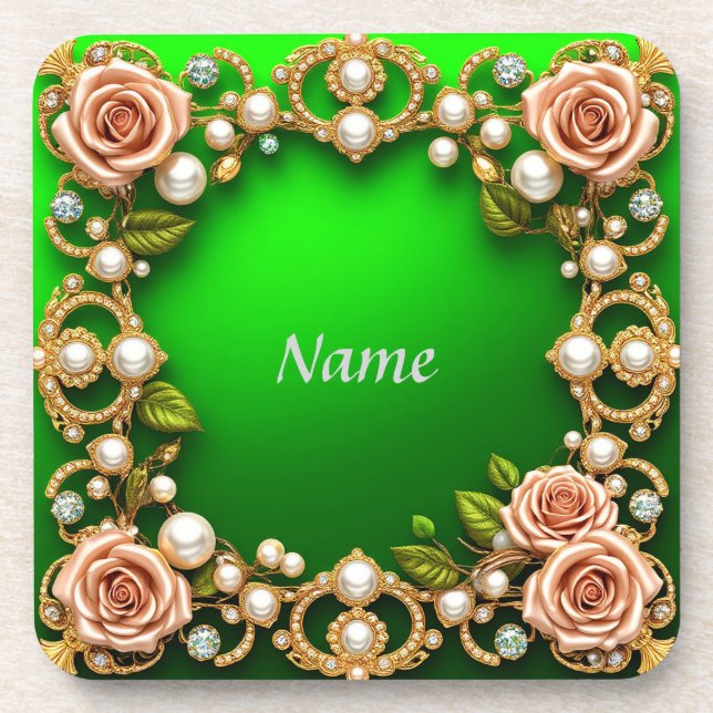 Porta-copo Moldura Dourada Com Rosas e Pérolas Elegantes (Frente)