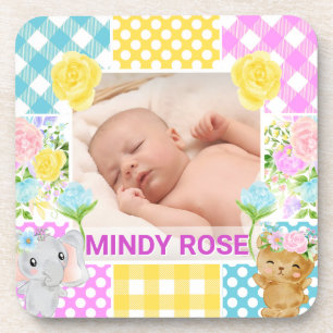 Porta-copo Moldura Floral e Xadrez Foto Bebê Recém-Nascido