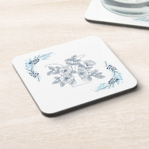 Porta-copo Monograma Azul Inicial "Y" Floral Calmo