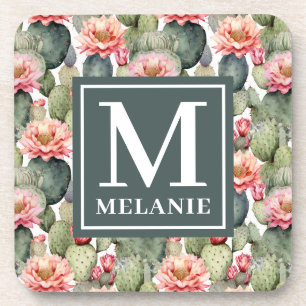 Porta-copo Monograma das flores cor-de-rosa com padrão Cactus