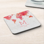 Porta-copo Monograma de Casamento de Destino do Mapa Mundial<br><div class="desc">Watercolor World Map Destinding Portas copos de Casamento de Destino com MOVEABLE HEART LOCATION,  apenas clique no link personalizar para posicionar seu coração ~ Verifique meu compro para ver toda a coleção de casamentos com este design!</div>