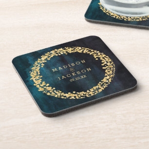 Porta-copo Monograma de casamento em azul naval e dourado com