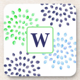 Porta-copo Monograma de Flor Azul Verde Naval em Aquarela