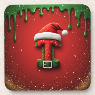 Porta-copo Monograma de Natal T com Chapéu de Papai Noel Pres