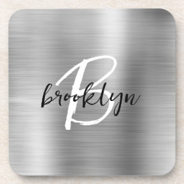 Porta-copo Monograma de Script Branco Preto, Bruto, em Prata