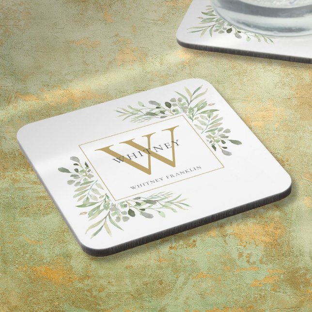 Porta-copo Monograma Dourado Elegância Moderna Folhagem (Gold Monogram Elegant Modern Greenery Beverage Coaster)