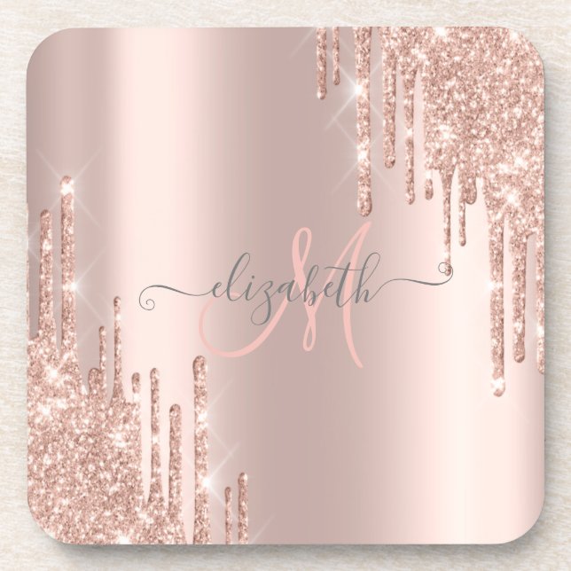 Porta-copo Monograma Dourado Rosa com Efeito de Gotas Brilhan (Frente)