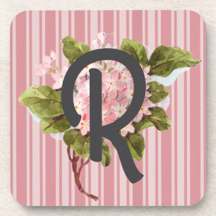 Porta-copo Monograma e Flores em Listras Rosa