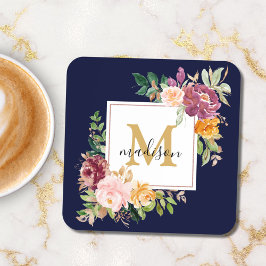 Porta-copo Monograma Elegante Rosa de Aquarela Botânica