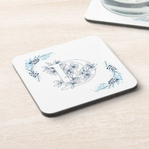 Porta-copo Monograma Floral Azul Inicial "D" Calmo