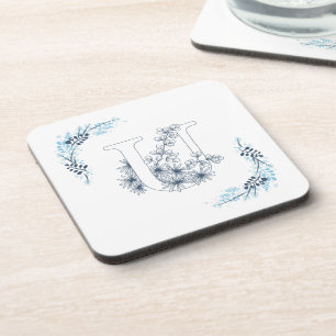 Porta-copo Monograma Floral Azul Inicial "U" Calmo