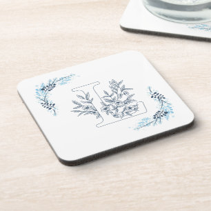 Porta-copo Monograma Floral Calmo Azul "L" Inicial