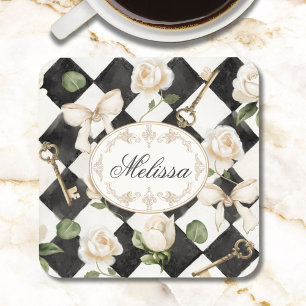 Porta-copo Monograma Flores de Rosa Vintage Preto Branco Diam