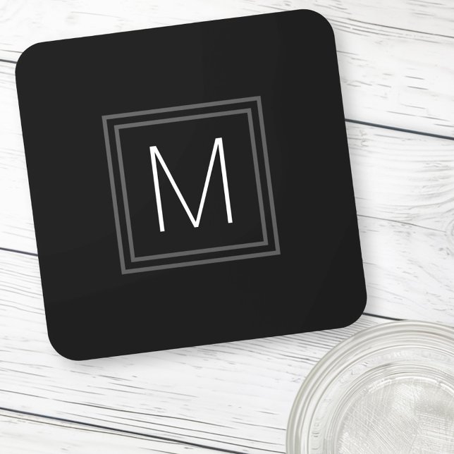 Porta-copo Monograma inicial de cinza dupla, borda negra (Elegant monogram initial double gray border black beverage coaster)