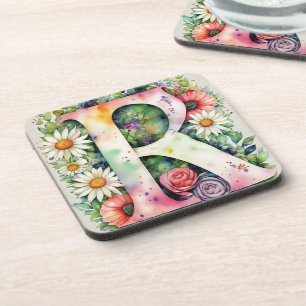 Porta-copo Monograma Personalizado de Flores de Aquarelas Col