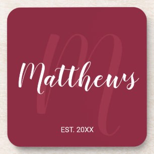 Porta-copo Monograma Personalizado e Nome da Família Burgundy