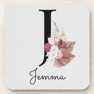 Porta-copo Monograma Rosa Boho Floral Feminino Inicial J
