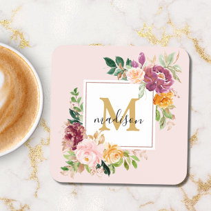 Porta-copo Monograma Rosa Floral Botânica Elegante em Aquarel