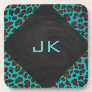Porta-copo Monograma Teal e Brown Leopardo