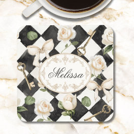 Porta-copo Monograma Vintage Rosa Flores Pretas Diamante Bran