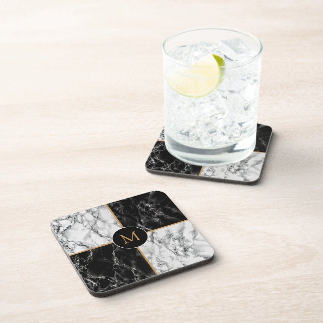 Porta-copo Monogramo Beefebida Coaster White Check Marble Pre (Lado Direito)