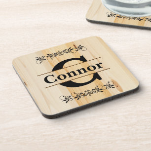Porta-copo Monogramo Faux Butcher Bloqueia Madeira Natural