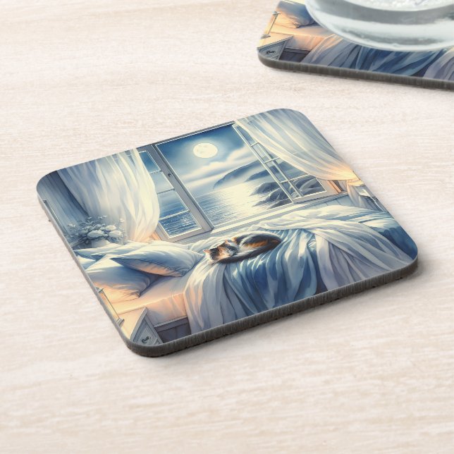 Porta-copo Moonlit Coastal Bedroom with Sleeping Cat (Left Side)