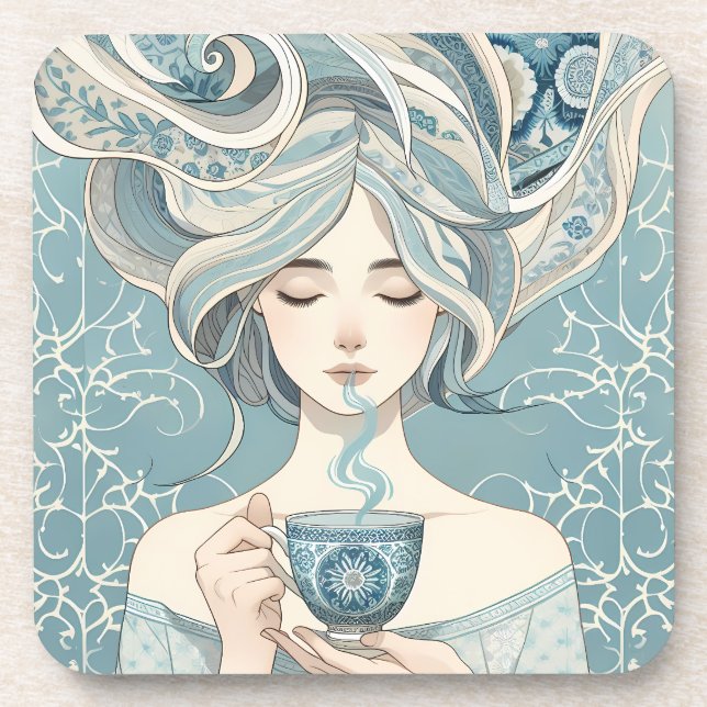 Porta-copo Mulher Azulejo otomana com chá - Fluxo Azul Suave (Frente)