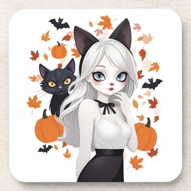 Porta-copo Mulher de anime com gato preto. (Frente)