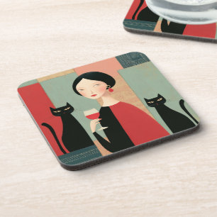 Porta-copo Mulher Elegante Gatos Pretos e Vinho