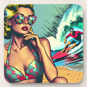 Porta-copo Mulher Loira Retro Bonita e Cara Gato Surfista
