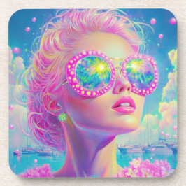 Porta-copo Mulher Neon Glamorosa com Óculos Espumantes