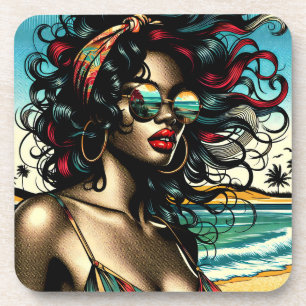 Porta-copo Mulher Retro na Praia Estilo Cômico Pop Art