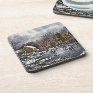 Porta-copo Natais vintages, Patinadores de inverno no Pond